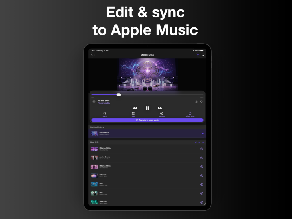 Musikvideo Playlist App auf dem iPad im Querformat.